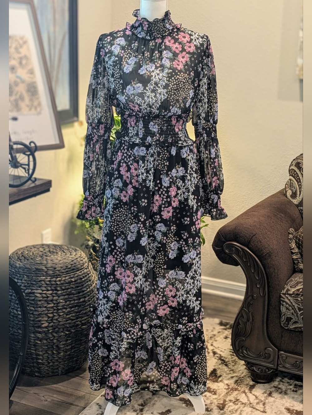 Women’s Black Floral Maxi Dress with Pink & Lavender Blooms